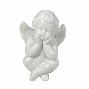 White Ceramic Cherub Angel Figurine Pensive Sitting Winged Decor 3.5 Inch